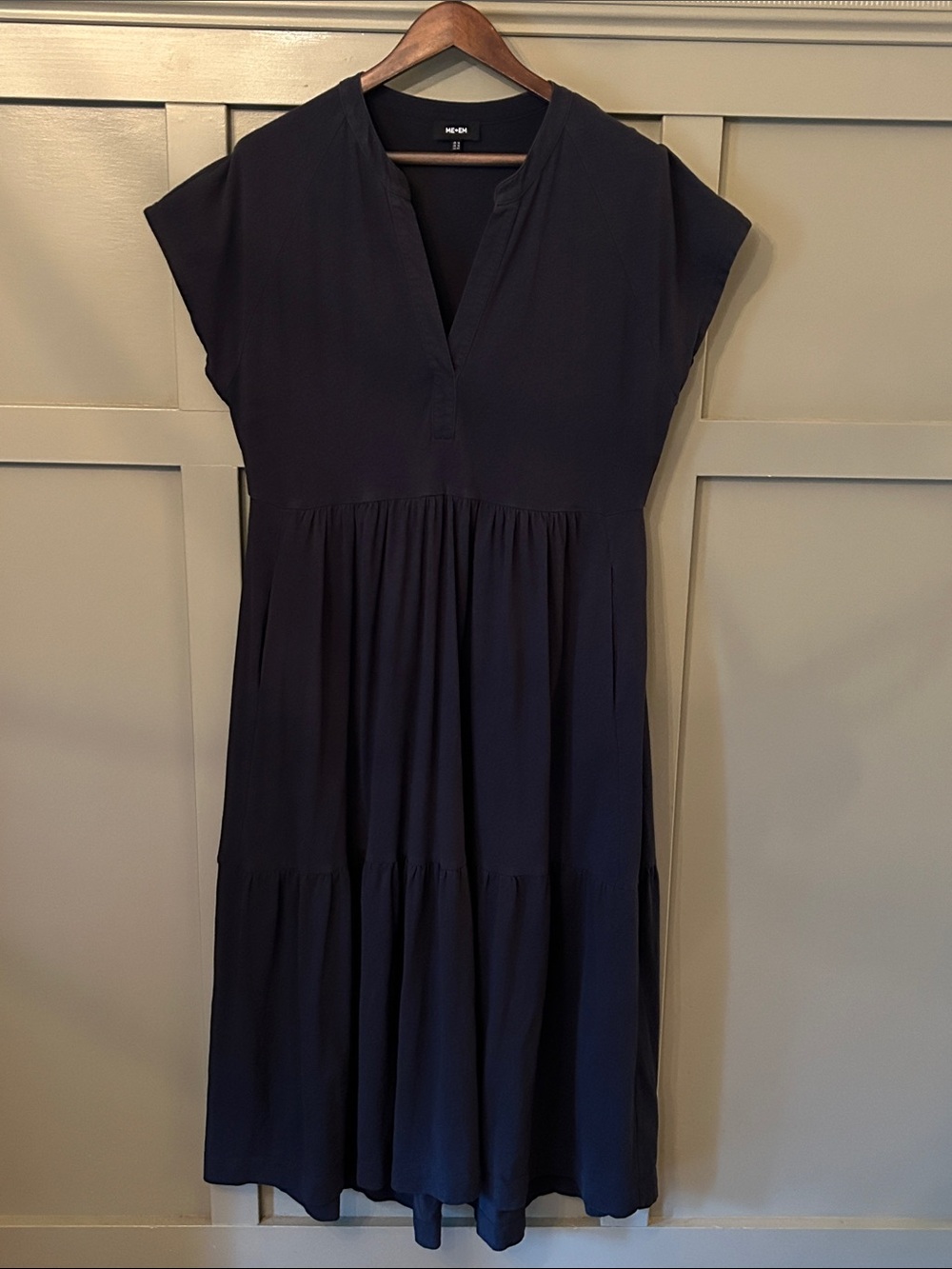 Me+Em V-Neck Tiered Slub Cotton Maxi Dress Pockets Navy Blue Size 12